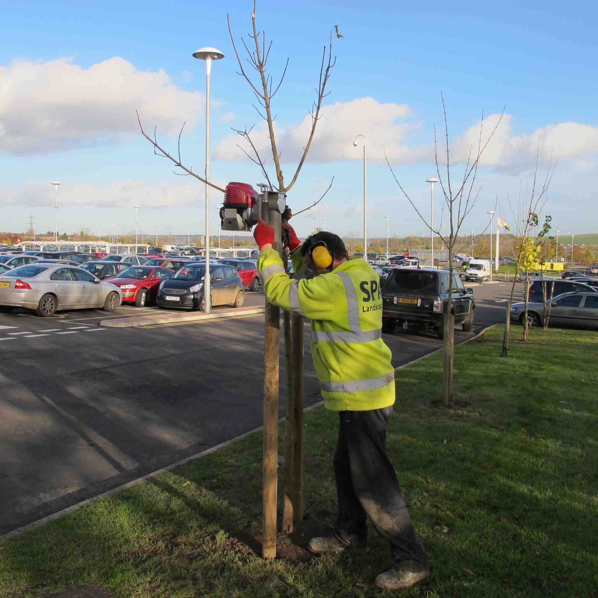 Tree stakes being installed with the Post Driver